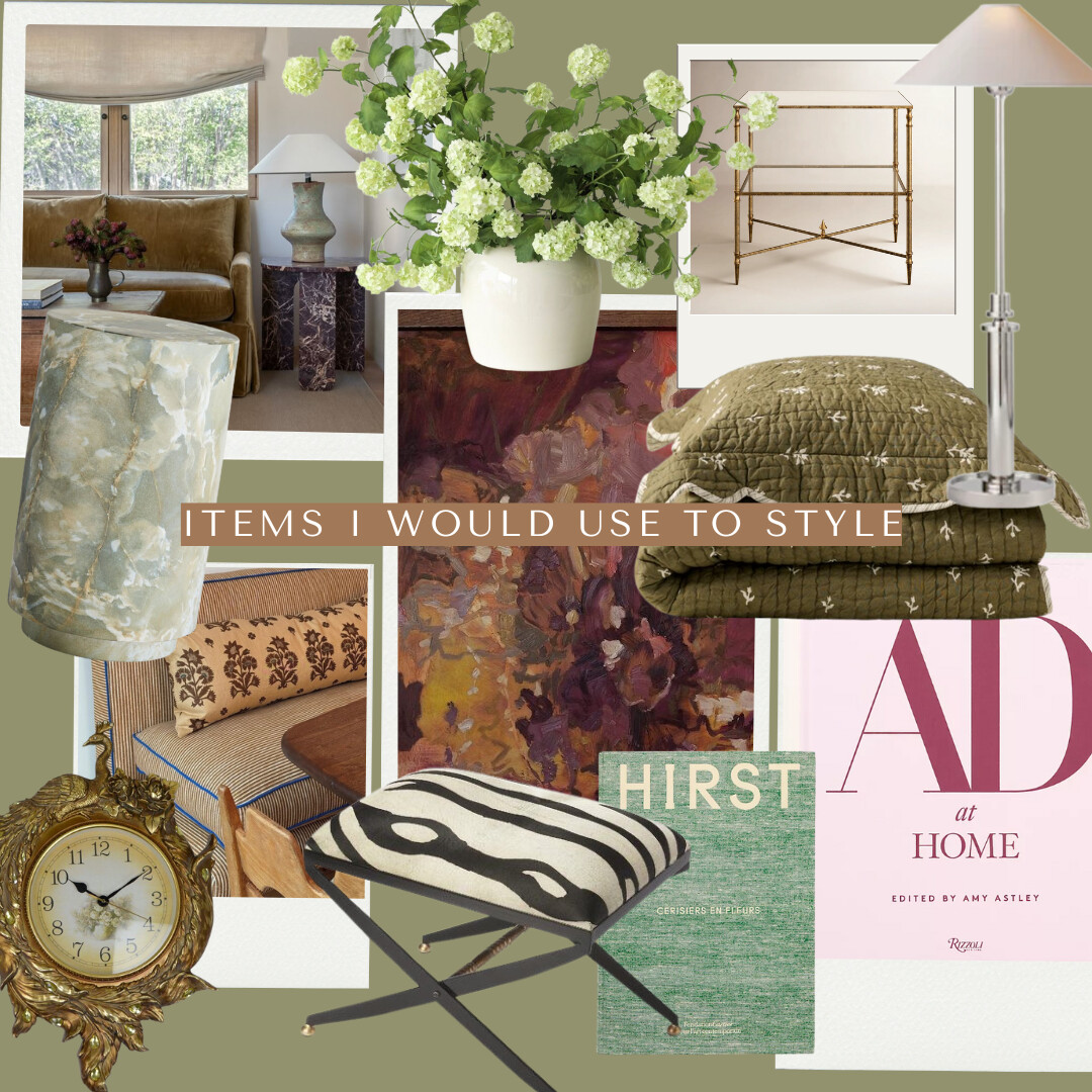 A curated collection of styling items for a Tennessee-inspired Greek Revival home—olive quilted bedding, marble lamp, brass side table, vintage floral artwork, zebra stool, and fresh greenery. The mood is collected, layered, and refined, balancing tradition with easy, modern living.