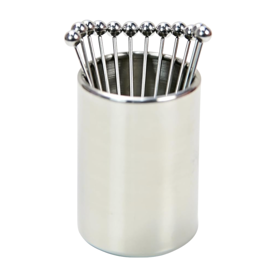 Stainless cocktail pick set in a sleek holder—reusable martini olive picks for elevated hosting.