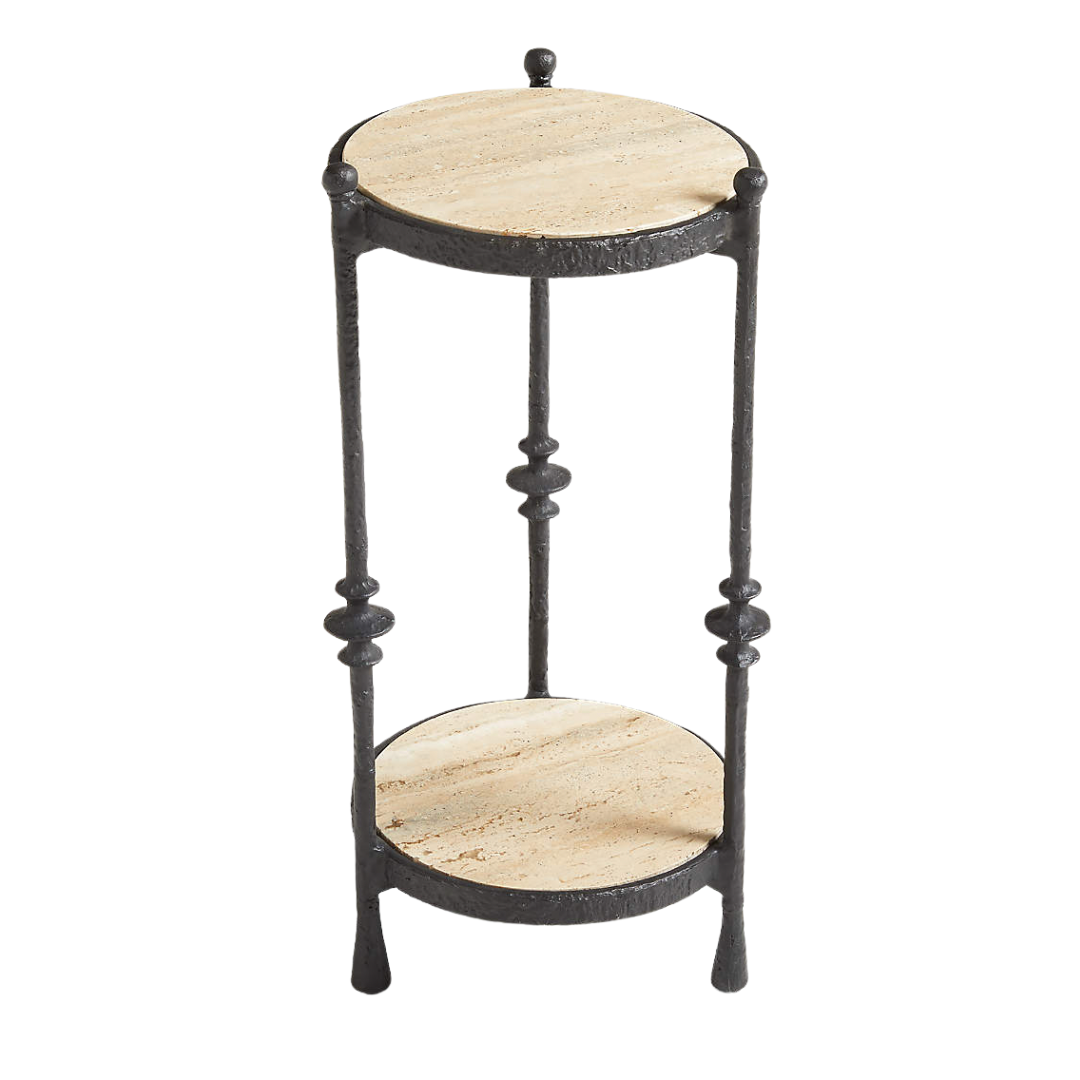 Two-tier accent table with forged black-iron frame and light travertine shelves.
