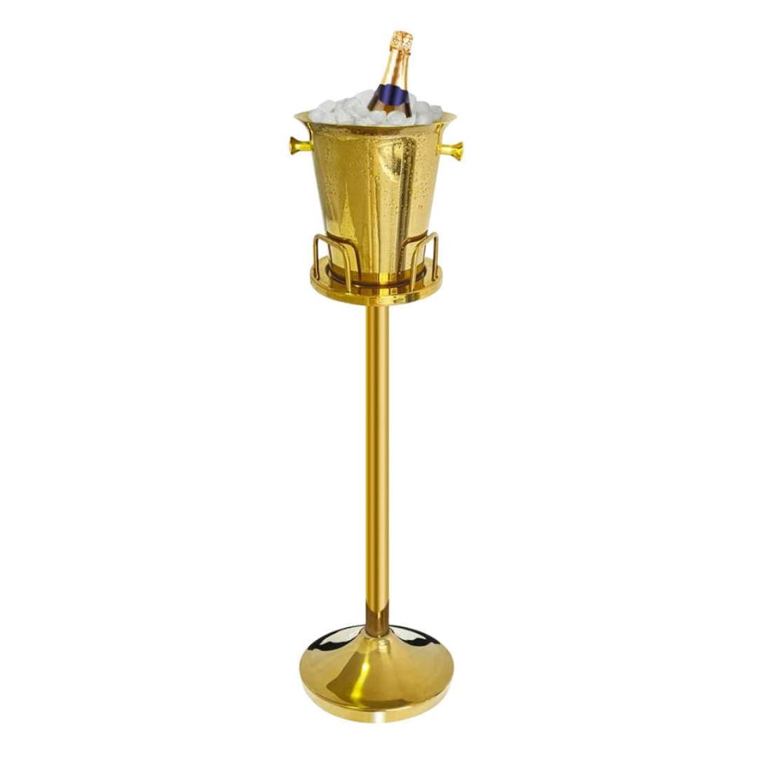 Tall standing brass wine/champagne ice bucket on pedestal—glam bar accessory for parties.