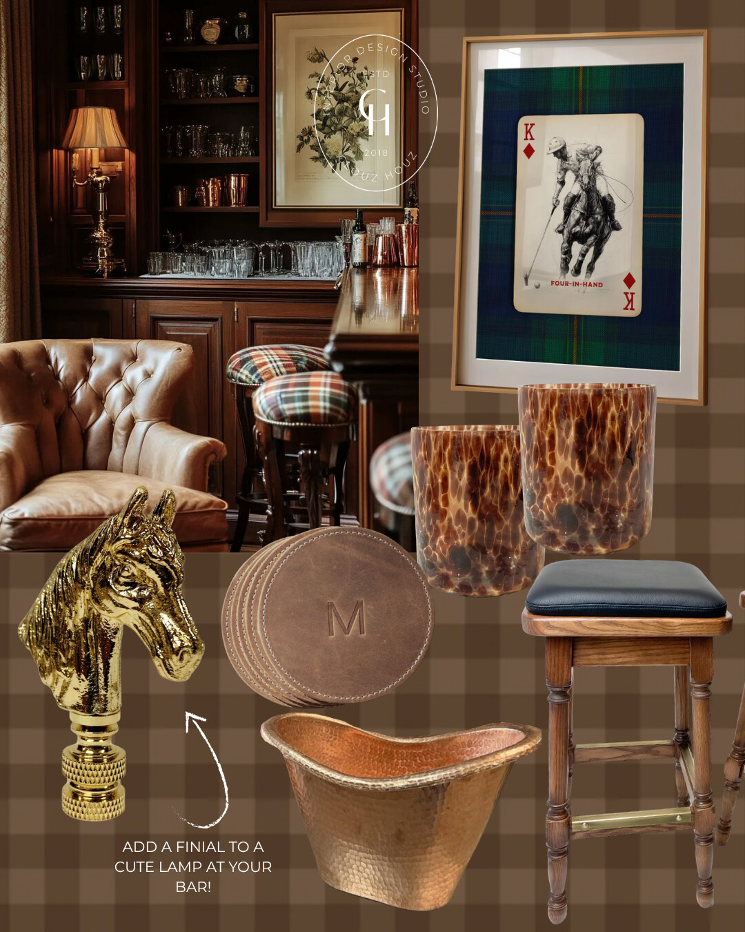 Traditional paneled bar scene featuring framed vintage polo playing card on tartan, pair of tortoiseshell tumblers, hammered copper ice bucket, monogram leather coasters, brass horse head lamp finial, and counter-height wood stool with black seat.