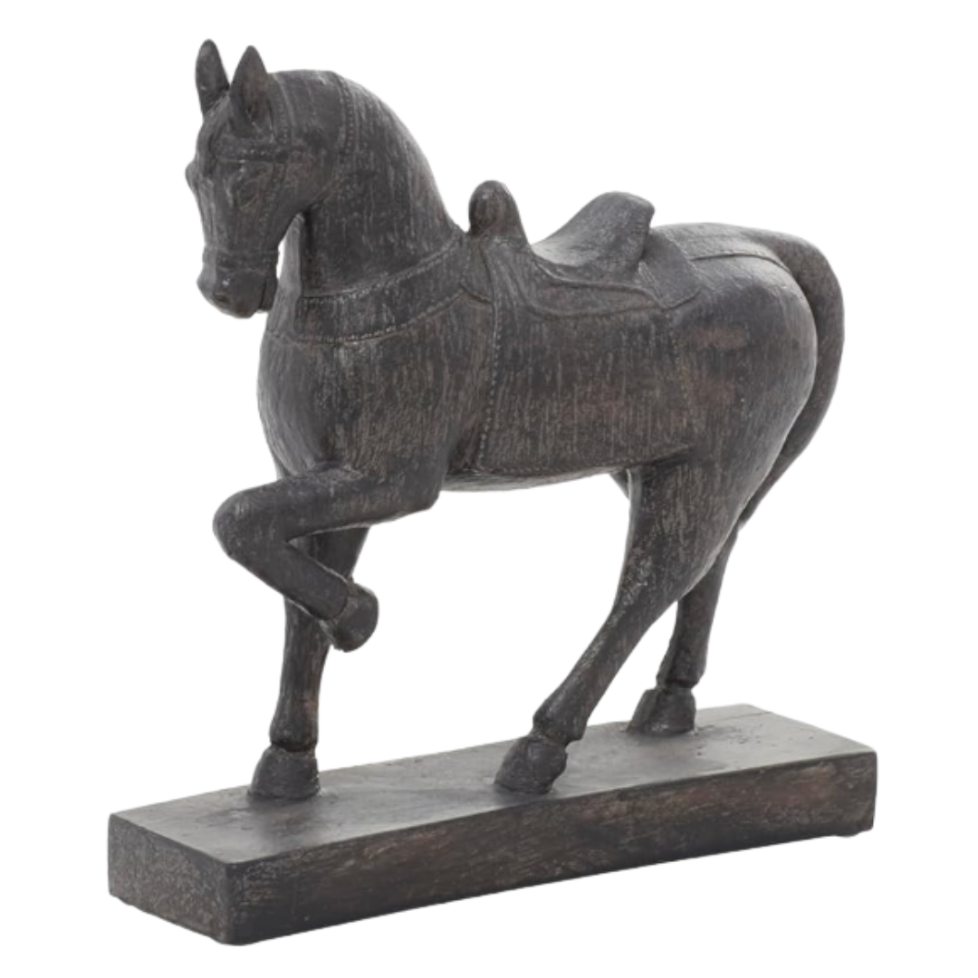 Dark, weathered horse sculpture on a rectangular base—Ralph Lauren–inspired shelf or book stack decor.