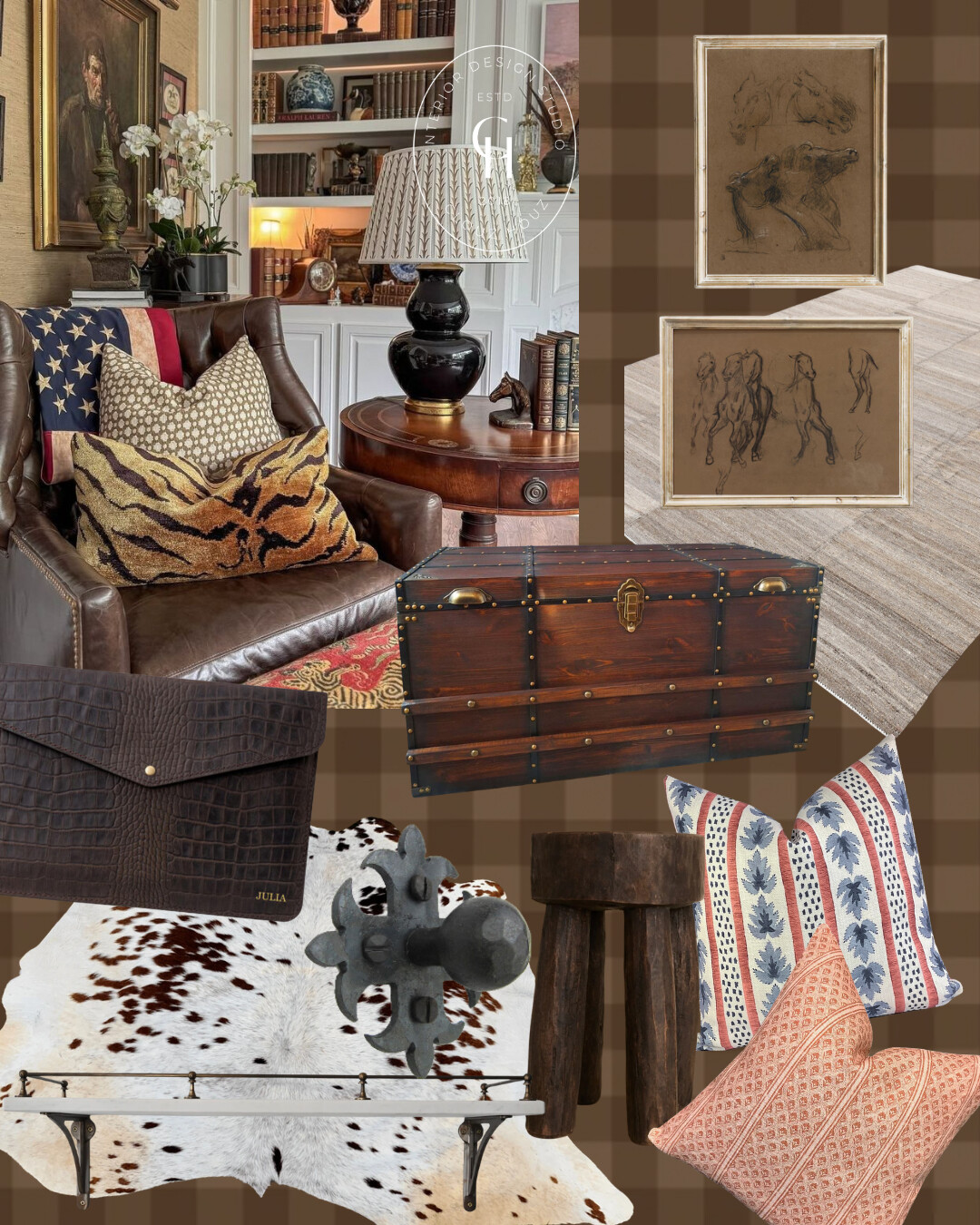 Old-world library: brown leather chair with patterned pillows, grass rug and cowhide overlay, vintage steamer trunk coffee table, chunky wood stool, Spanish-style iron knob and gallery rail, framed charcoal horse studies, and crocodile-embossed leather laptop clutch.