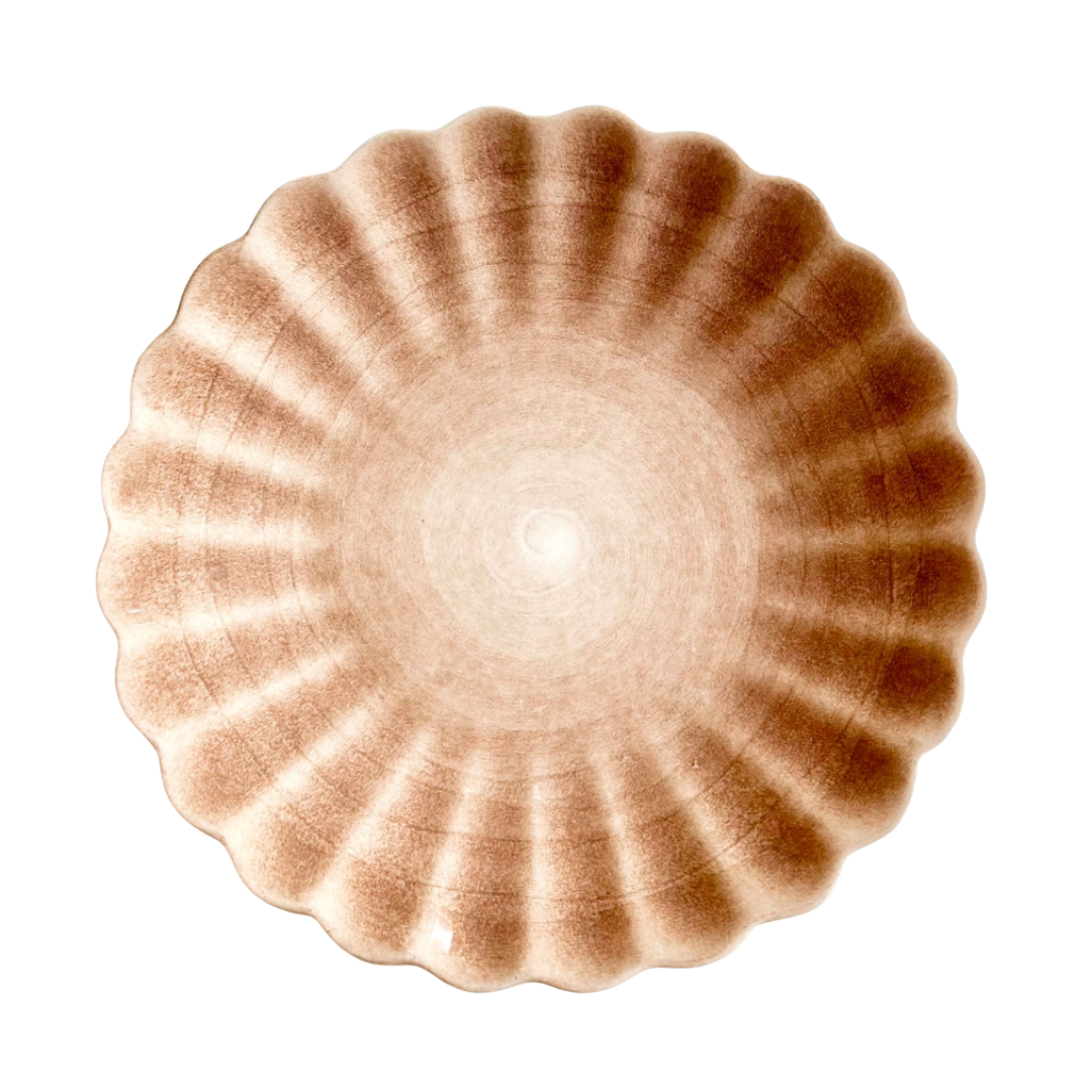 Scalloped salad plate with fluted rim in warm cinnamon ombré glaze.
