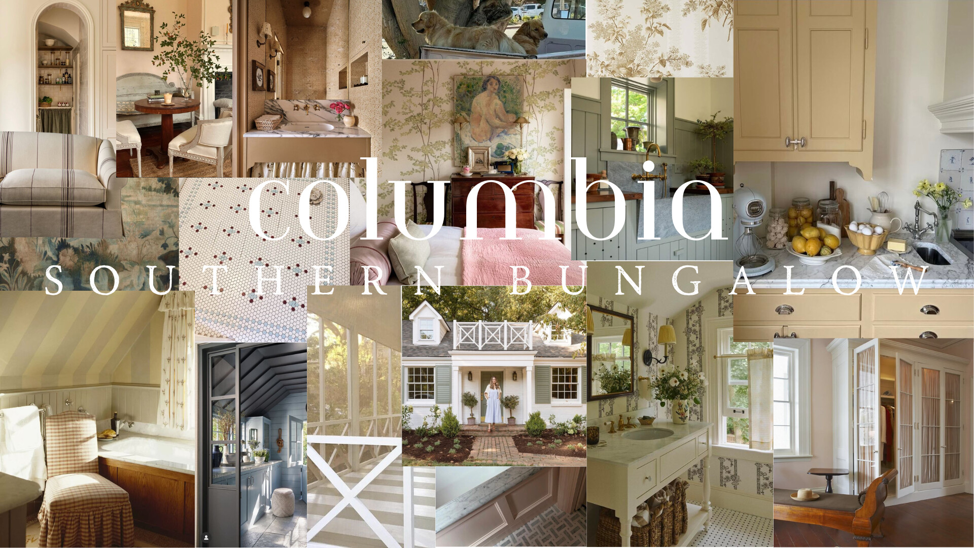 A warm, layered Southern bungalow in Columbia—think buttercream kitchen cabinets, unlacquered brass, marble tops, vine-covered wallpapers, porch stripes, and collected antiques. Cozy baths, a screened breezeway, and a bedroom wrapped in pattern set the tone: classic, cottage, and a little bit coastal. Pin + save for color, millwork, and tile ideas.