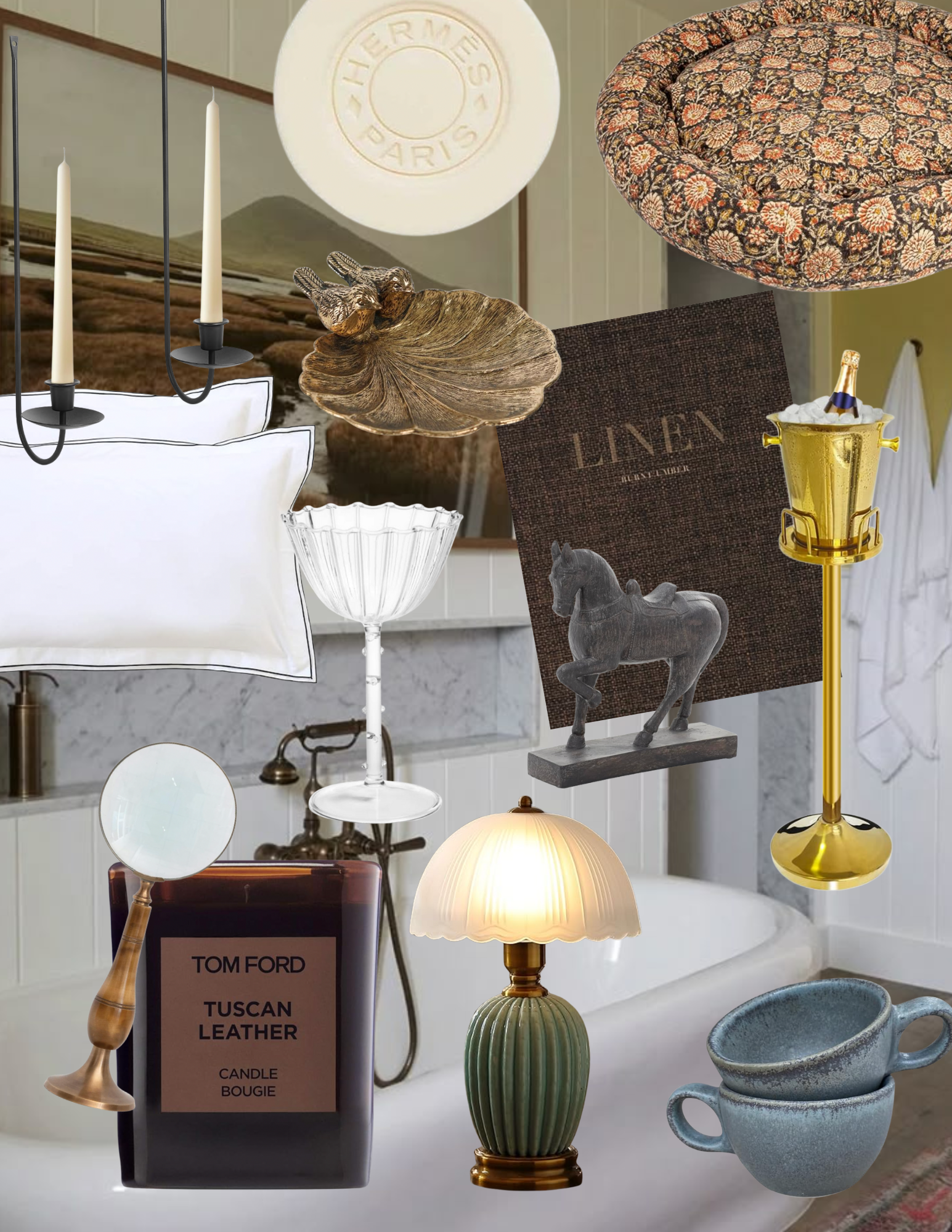 Collage of Amazon fall home finds styled in a bathroom—linen coffee table book, brass bird dish, vintage green table lamp, bubble coupe glass, equestrian horse statue, standing champagne bucket, iron wall candle holders, hotel-trim shams, Hermès soap, floral dog bed, blue stoneware mugs, brass magnifying glass, and Tom Ford Tuscan Leather candle—elevated, old-world, quiet luxury decor.