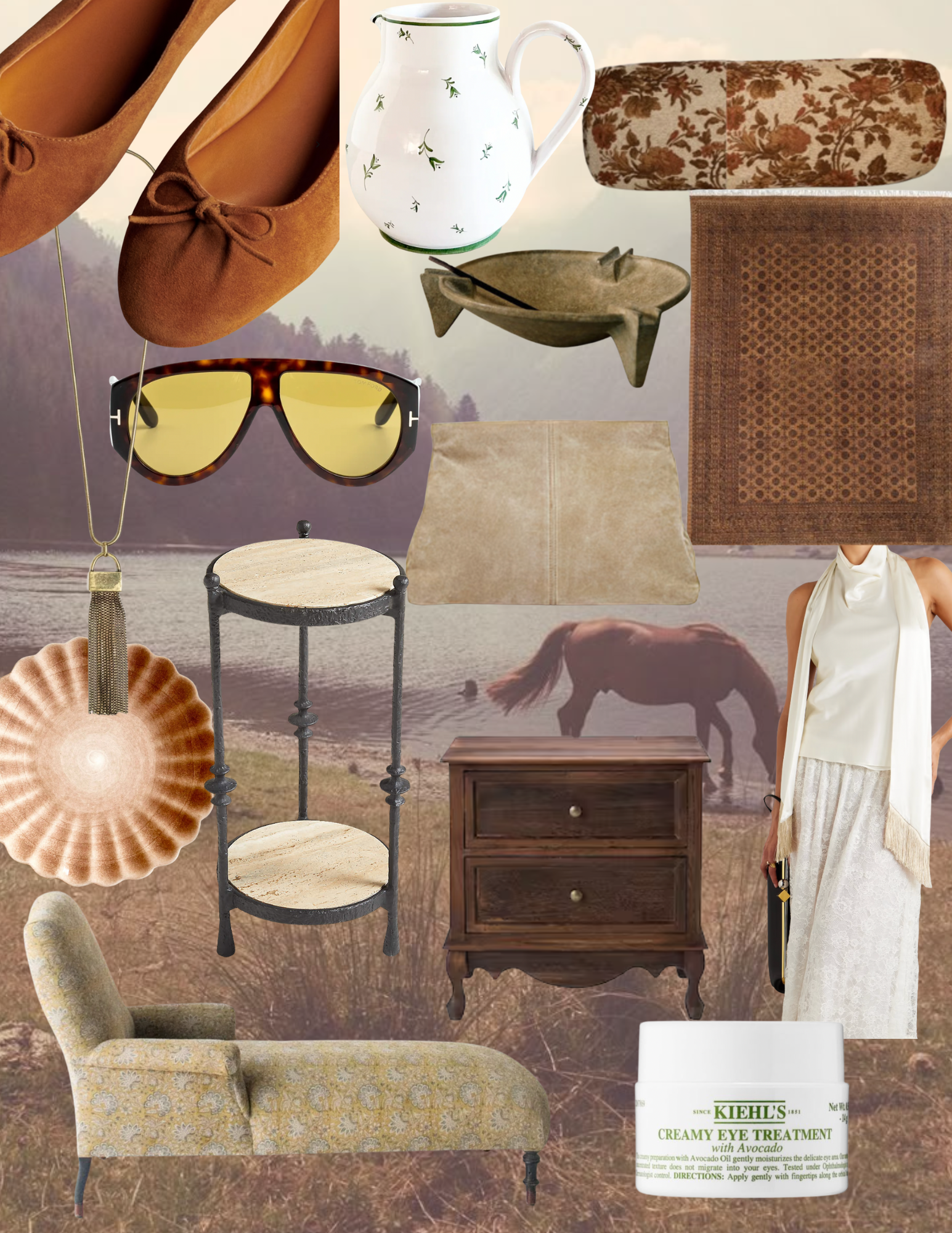A warm fall collage titled “October Edit” layered over a misty lake with a grazing horse—featuring suede ballet flats, a small white pitcher with green sprigs, a floral bolster, cinnamon-brown patterned rug, scalloped shell plate, iron-and-stone martini table, vintage wood nightstand, gold tassel pendant, tortoiseshell sunglasses with yellow lenses, tan suede clutch, incense bowl, patterned chaise lounge, silky scarf top, and a jar of Kiehl’s eye cream in cozy brown, amber, and cream tones.