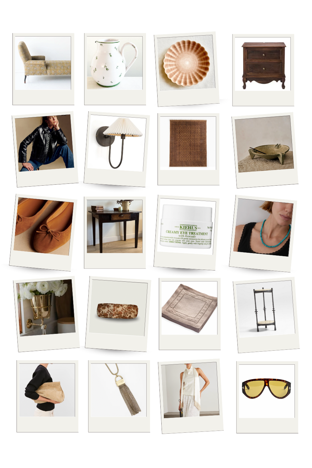 Polaroid-style collage of 20 October Edit picks—vintage patterned chaise, hand-painted green-sprig pitcher, scalloped cinnamon salad plate, French two-drawer nightstand, glossy black leather jacket, pleated-shade wall sconce, cocoa Persian rug, tripod incense bowl, tan suede ballet flats, antique French writing table, Kiehl’s avocado eye cream, turquoise bead necklace, brass wall vase with white blooms, floral tapestry bolster, linen cocktail napkins, iron-and-travertine martini table, taupe suede clutch, gold tassel pendant, ivory fringe halter top, and tortoiseshell sunglasses with amber lenses.