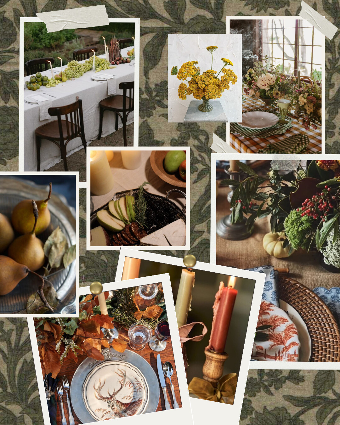 Collage mood board of fall and Thanksgiving tablescape ideas featuring a linen-covered outdoor table with fruit and candle centerpieces, a yellow yarrow arrangement, gingham table setting with garden florals, pears on a pewter tray, cheese and pear board, greenery with berries and small pumpkins, antler motif plates on woven chargers, and warm taper candles for a rustic layered look.
