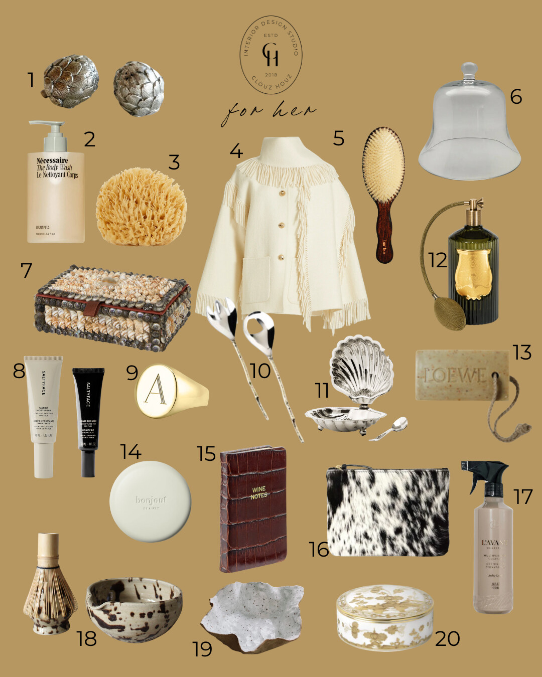 Neutral-toned holiday gift guide for her featuring elegant and timeless pieces including a fringed cream cape, wicker urn, marble pedestal table, brass ring, vintage-inspired vanity brush, LOEWE soap, skincare, gold trinket box, wine notes journal, cowhide pouch, and ceramic home accents — curated by Clouz Houz in warm beige tones.