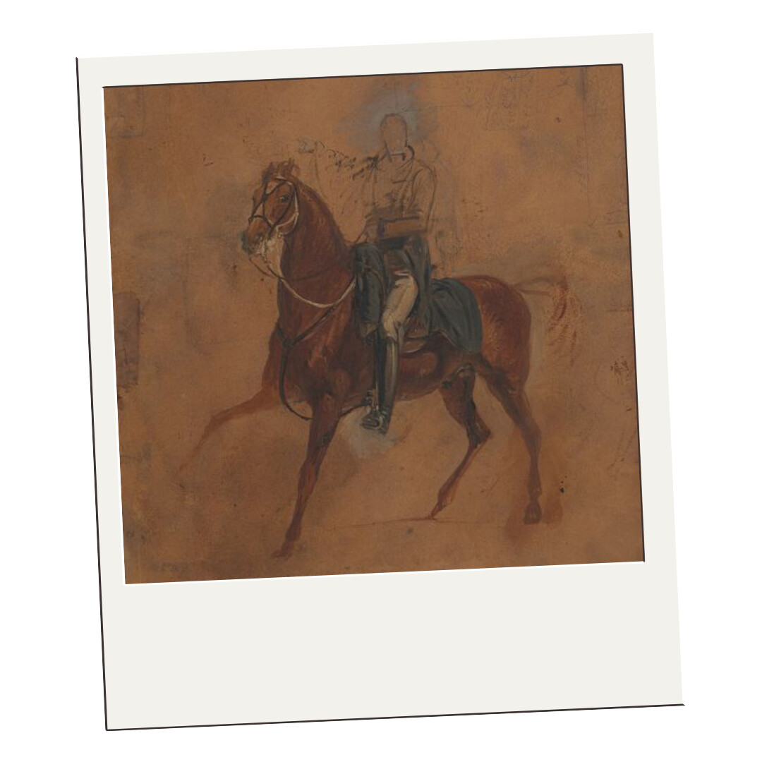 A vintage sketch of a horse and rider on warm toned paper, evoking old-world charm and artistic nostalgia.