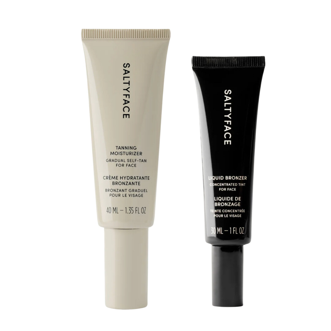 Duo of Saltyface tanning moisturizer and liquid bronzer, sleek beige and black tubes designed for a subtle, buildable glow.