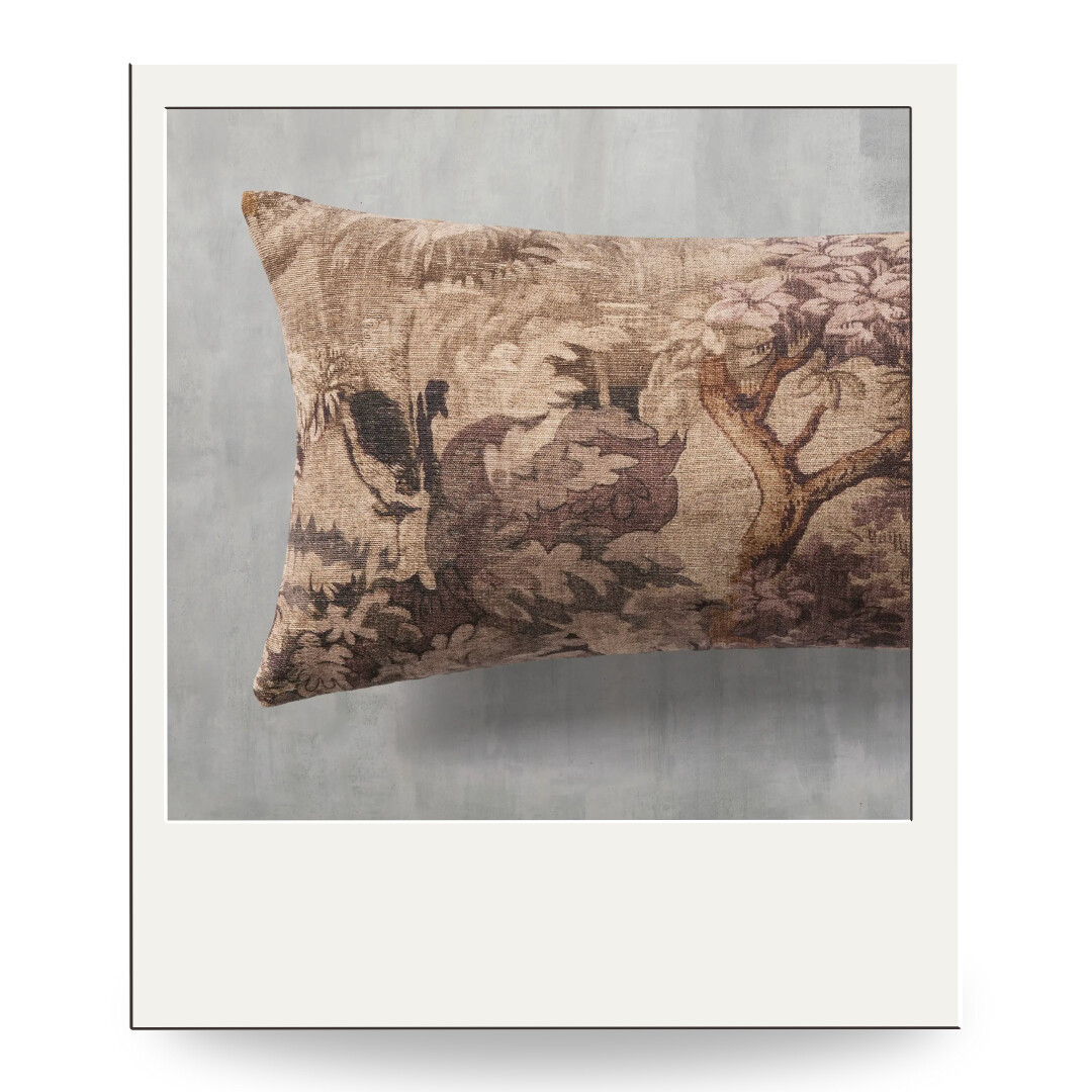 Long rectangular lumbar pillow with vintage tapestry print in warm brown and mauve tones, perfect for adding depth and texture to a sofa or bed.