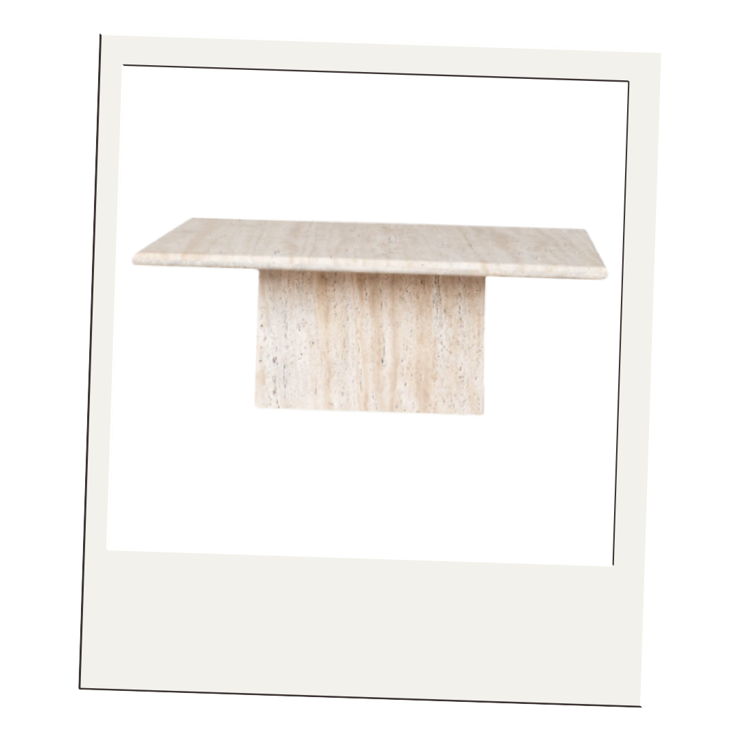 Rectangular travertine coffee table with slab top and block base, showcasing natural stone veining in neutral tones.