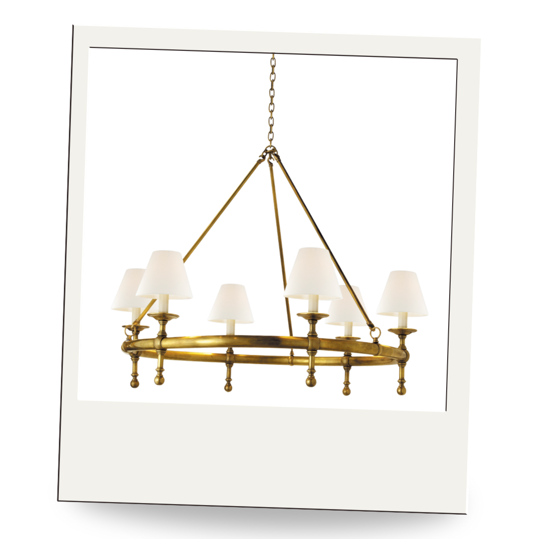 Brass chandelier with six shaded candlestick lights suspended from delicate rods, elegant and timeless.