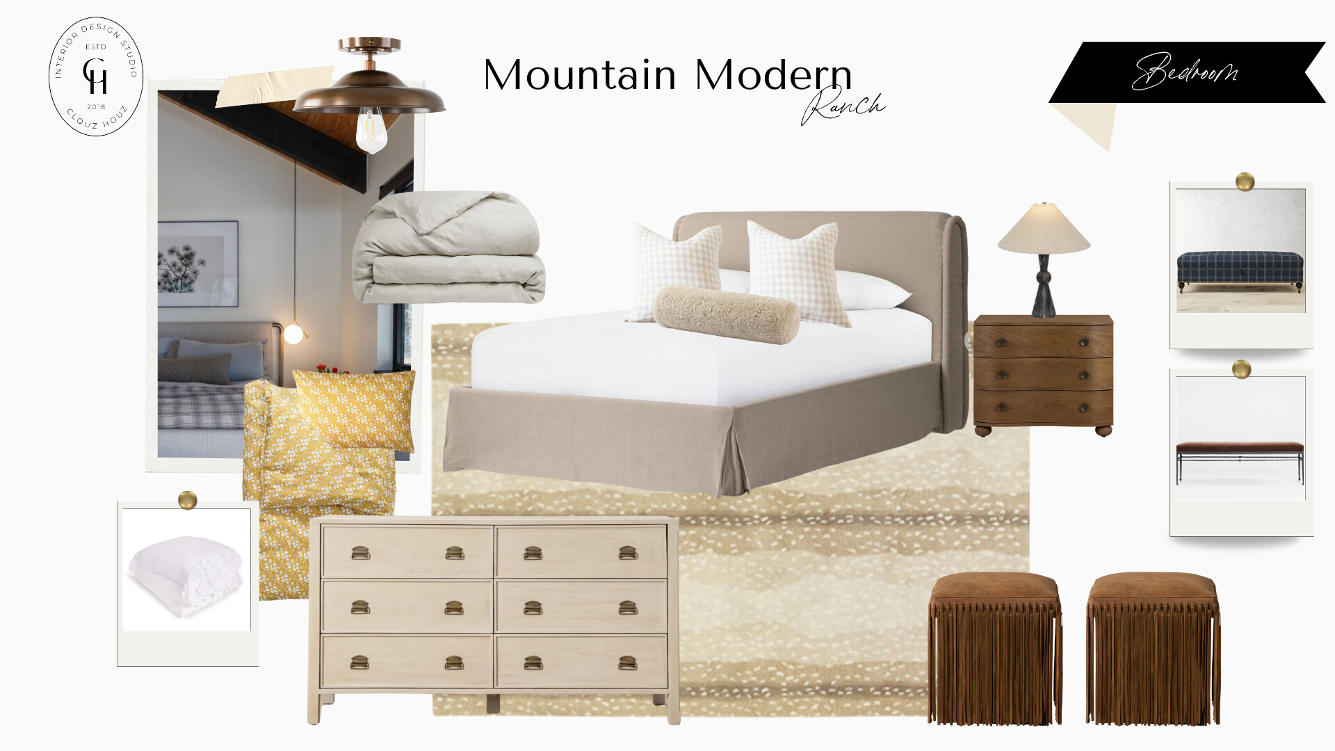 Moodboard titled “Mountain Modern Ranch” by Clouz Houz. A neutral, earthy palette—cream, taupe, camel, charcoal—mixes rugged and refined textures. References include a stone fireplace flanked by wood built-ins, a plaster hearth, exposed timber ceilings, and a mudroom with dark millwork and a bench. Furniture and accents shown: a patterned daybed with bolsters, shearling-look pillow, plaid wool fabric swatch, leather-strap counter stool, sculptural black table lamp with linen shade, oversized cream ceramic urn, and a hand-tied fiber wall hanging. Images of cozy living rooms with boucle swivel chairs, layered rugs, and rustic doors suggest the look: warm wood, natural fibers, aged metals, and tailored silhouettes—modern ranch meets mountain lodge.