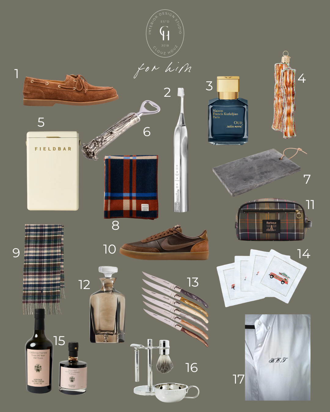 Modern masculine holiday gift guide for him featuring suede boat shoes, cologne, Fieldbar cooler, tartan dopp kit, wool scarf, bar tools, decanter, steak knives, shaving set, embroidered shirt, and olive oil gift duo — curated by Clouz Houz in rich neutral and navy tones.