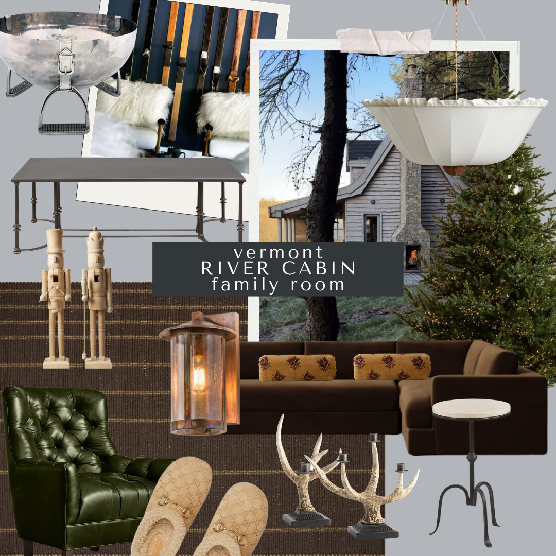 Cozy family room with deep brown sectional, green leather chair, and antler candle holders beside a glowing Christmas tree, styled with layered textures and warm lighting.