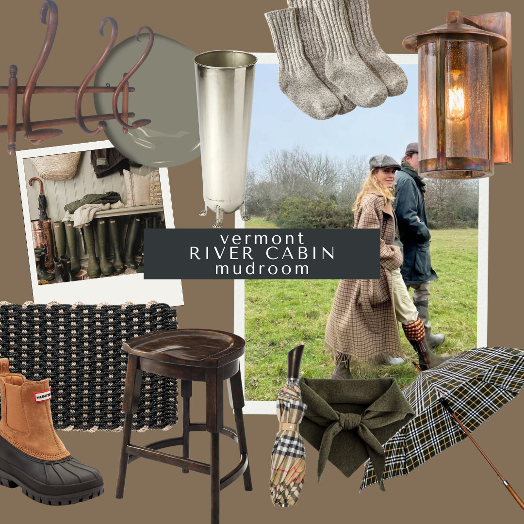 Cabin-style mudroom with weathered wood hooks, woven mat, stool, and silver umbrella stand, designed for function and warmth with a collected, lived-in look.