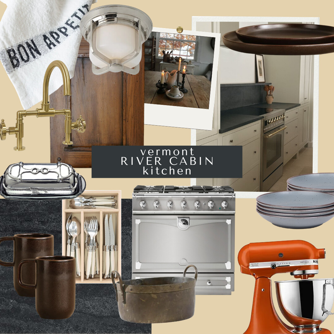 Vermont-inspired kitchen featuring brass faucet, silver light fixture, horsebit butter dish, and soapstone counters, styled with mixed metals and timeless details for winter hosting.