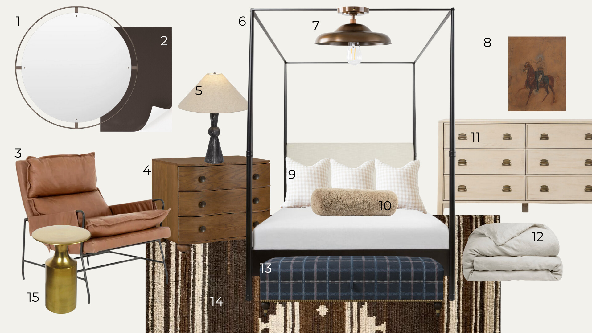 Moodboard titled “Mountain Modern Ranch” by Clouz Houz. A neutral, earthy palette—cream, taupe, camel, charcoal—mixes rugged and refined textures. References include a stone fireplace flanked by wood built-ins, a plaster hearth, exposed timber ceilings, and a mudroom with dark millwork and a bench. Furniture and accents shown: a patterned daybed with bolsters, shearling-look pillow, plaid wool fabric swatch, leather-strap counter stool, sculptural black table lamp with linen shade, oversized cream ceramic urn, and a hand-tied fiber wall hanging. Images of cozy living rooms with boucle swivel chairs, layered rugs, and rustic doors suggest the look: warm wood, natural fibers, aged metals, and tailored silhouettes—modern ranch meets mountain lodge.