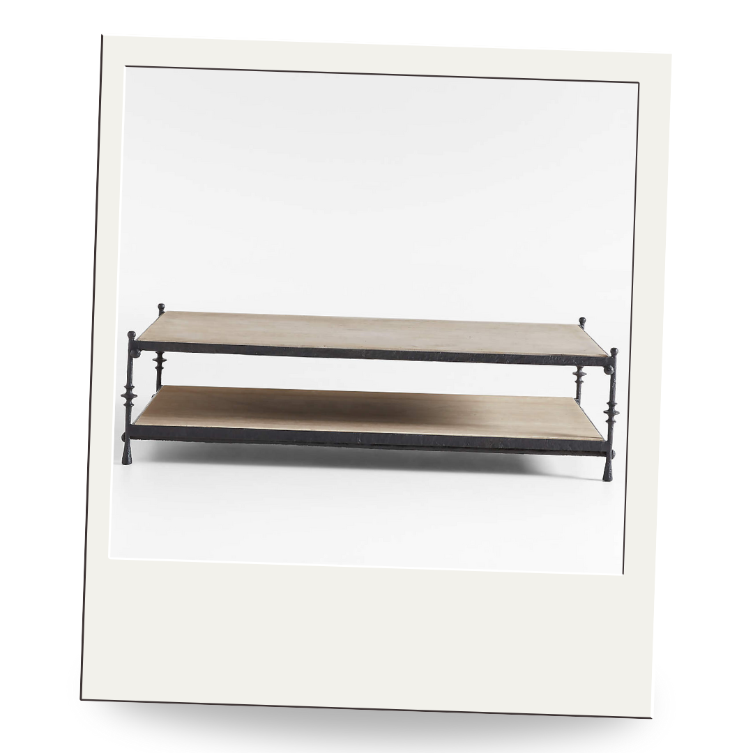 Double-shelf rectangular coffee table with black iron frame and light wood surface, timeless and functional centerpiece.