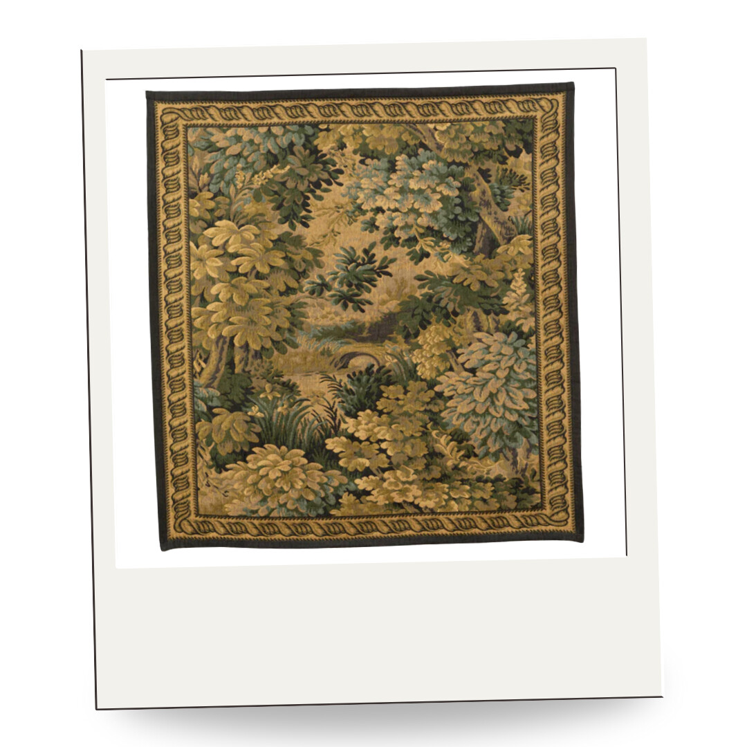 Vintage-inspired tapestry featuring lush green foliage and forest scene, framed with a classic woven border.