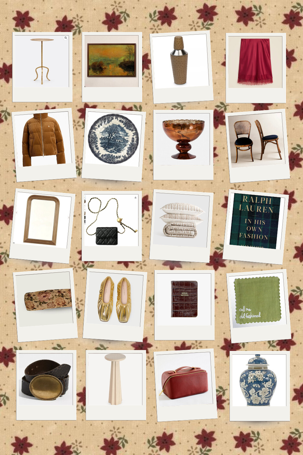 A warm and nostalgic collage of November favorites layered over a vintage floral fabric background. The collection includes timeless home and style pieces like a brass tripod table, landscape artwork, hammered cocktail shaker, red satin slip skirt, caramel puffer jacket, blue toile plates, amber compote bowl, cane-back chairs, gold mirror, black quilted crossbody bag, embroidered bedding, Ralph Lauren coffee table book, brown velvet lumbar pillow, gold ballet flats, leather wine notes journal, green cocktail napkin, vintage-style concho belt, fluted pedestal side table, red leather makeup bag, and blue floral ginger jar. The overall palette mixes deep browns, warm reds, and heritage blues for a cozy, layered, and elevated seasonal mood.