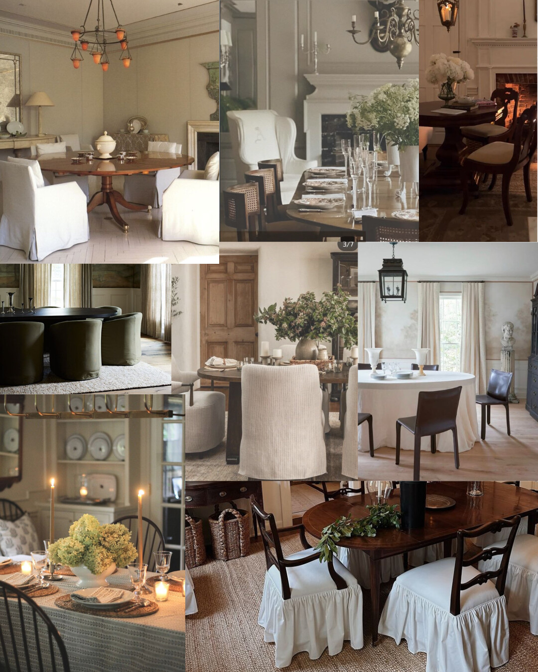 A moodboard of refined, timeless interiors blending traditional and modern elements. The collage includes panelled walls in muted greens, marble kitchens with brass accents, a blue floral wallpapered powder bath, soft neutral dining and living spaces with linen drapery, and antique wood furniture. The palette features creamy whites, tobacco browns, soft blues, and aged brass, evoking quiet luxury and understated sophistication.
