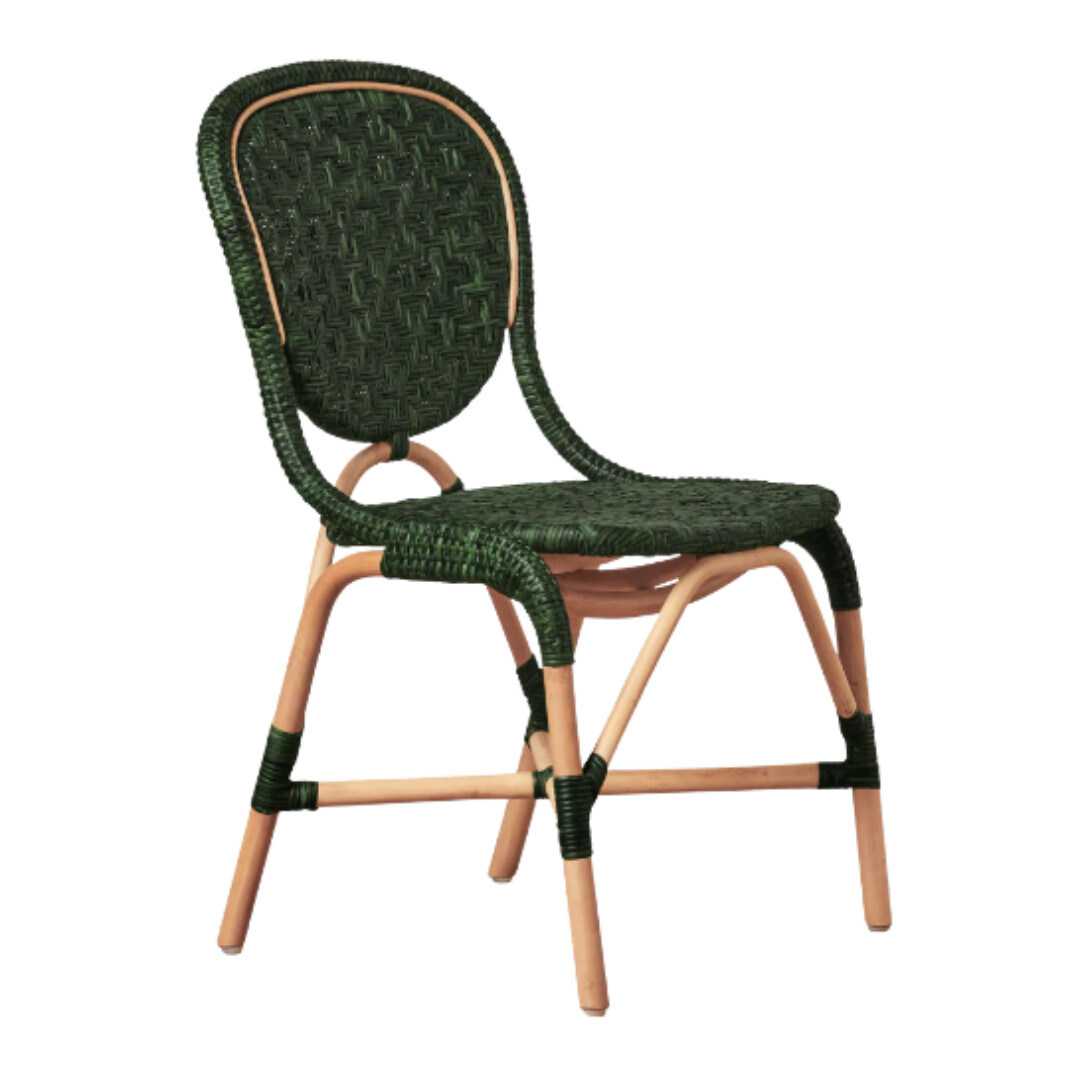 Dark green woven bistro-style dining chair with natural wood legs, inspired by classic French café seating.