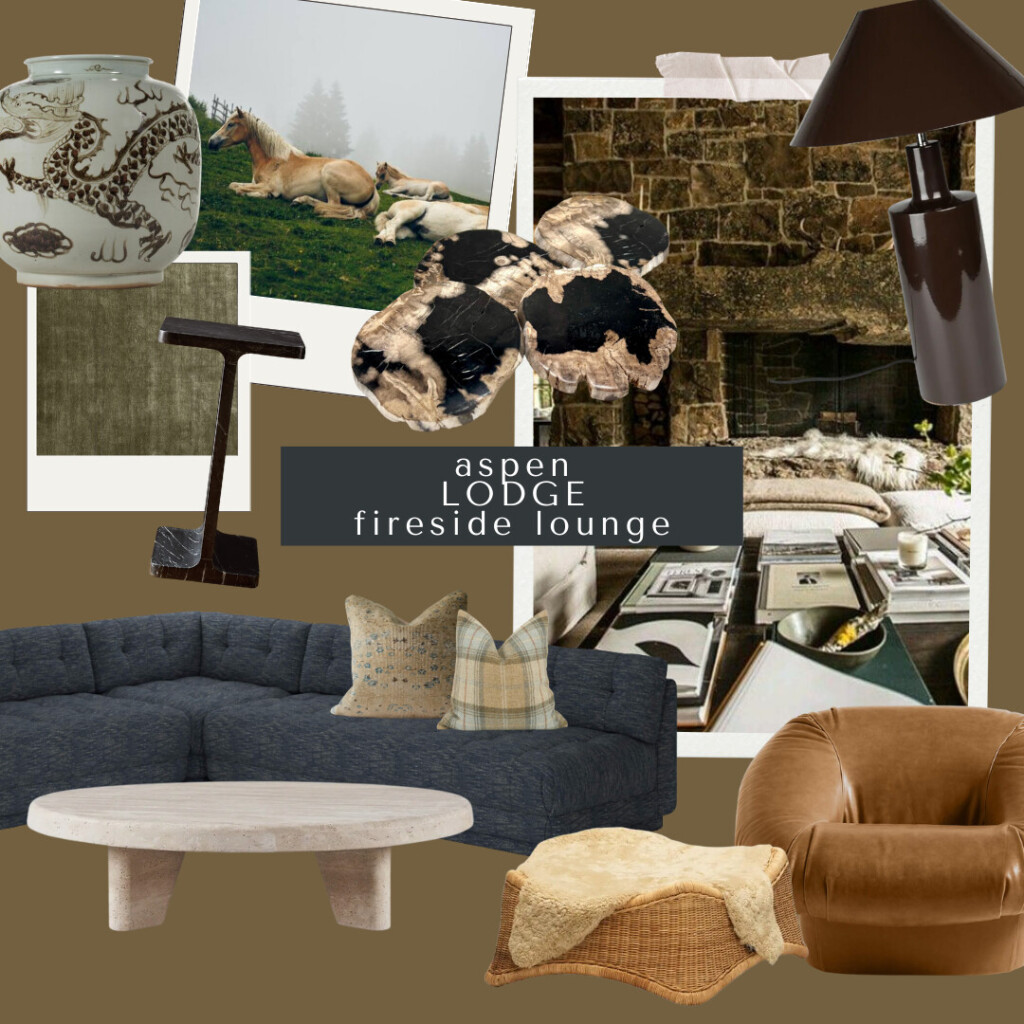 A warm, wintery mood board inspired by an Aspen lodge fireside lounge. The board includes a deep blue tufted sectional sofa with two patterned throw pillows, a low round travertine coffee table, and a caramel leather accent chair. A woven ottoman is draped with a shearling throw. Above, there’s a moody brown table lamp, a rustic stone fireplace image, and layered textures including olive green fabric, petrified wood coasters, and a sculptural dark wood side table. A large dragon-painted ceramic jar and a serene photograph of cream-colored horses resting in a foggy meadow add character and lodgecore charm.