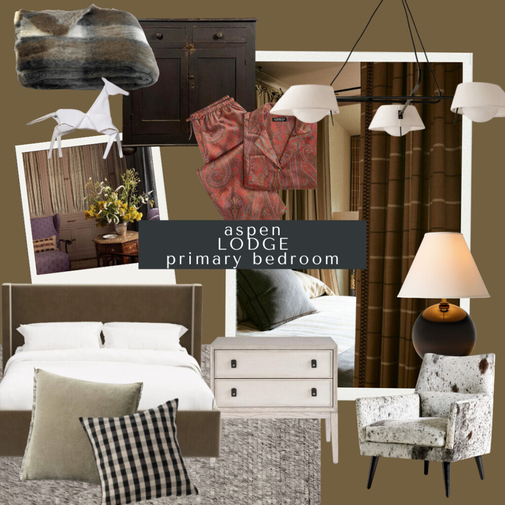 A cozy primary bedroom mood board with rich lodge-inspired textures. Centered is an upholstered bed in a warm taupe shade with crisp white bedding. At the foot is a soft neutral rug, paired with sage green and black-and-cream plaid accent pillows. Nearby sit white two-drawer nightstands topped with a round black lamp featuring a linen shade. A speckled hide accent chair adds pattern and warmth. Above, a modern black chandelier with white shades hangs beside layered images of plaid drapery and a styled bedroom moment with florals. A dark antique wood dresser anchors the space, styled with a mottled vase of faux yellow branches, a sculptural white horse figurine, and a matte black bowl. A thick mohair throw and paisley pajamas add a soft, lived-in touch.