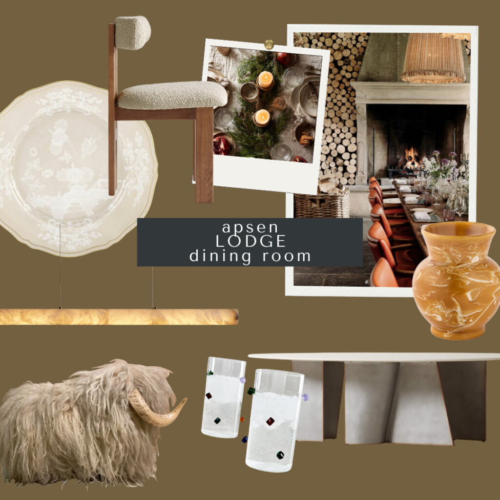 A dining room mood board blending refined lodge elements with playful textures. A sculptural concrete dining table anchors the layout, paired with a minimalist wood-and-bouclé dining chair. Above, a long alabaster linear pendant glows with warm light. Decorative elements include a marbled golden vase, whimsical gem-stud glassware, and a round cream china plate with delicate botanical etching. A fluffy wool yak stool adds character and texture. Behind the collage is an image of a rustic dining space with a stacked-wood fireplace and a long candlelit table set for winter gatherings.