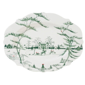 Green and white winter-themed toile serving platter with scenic illustrations.