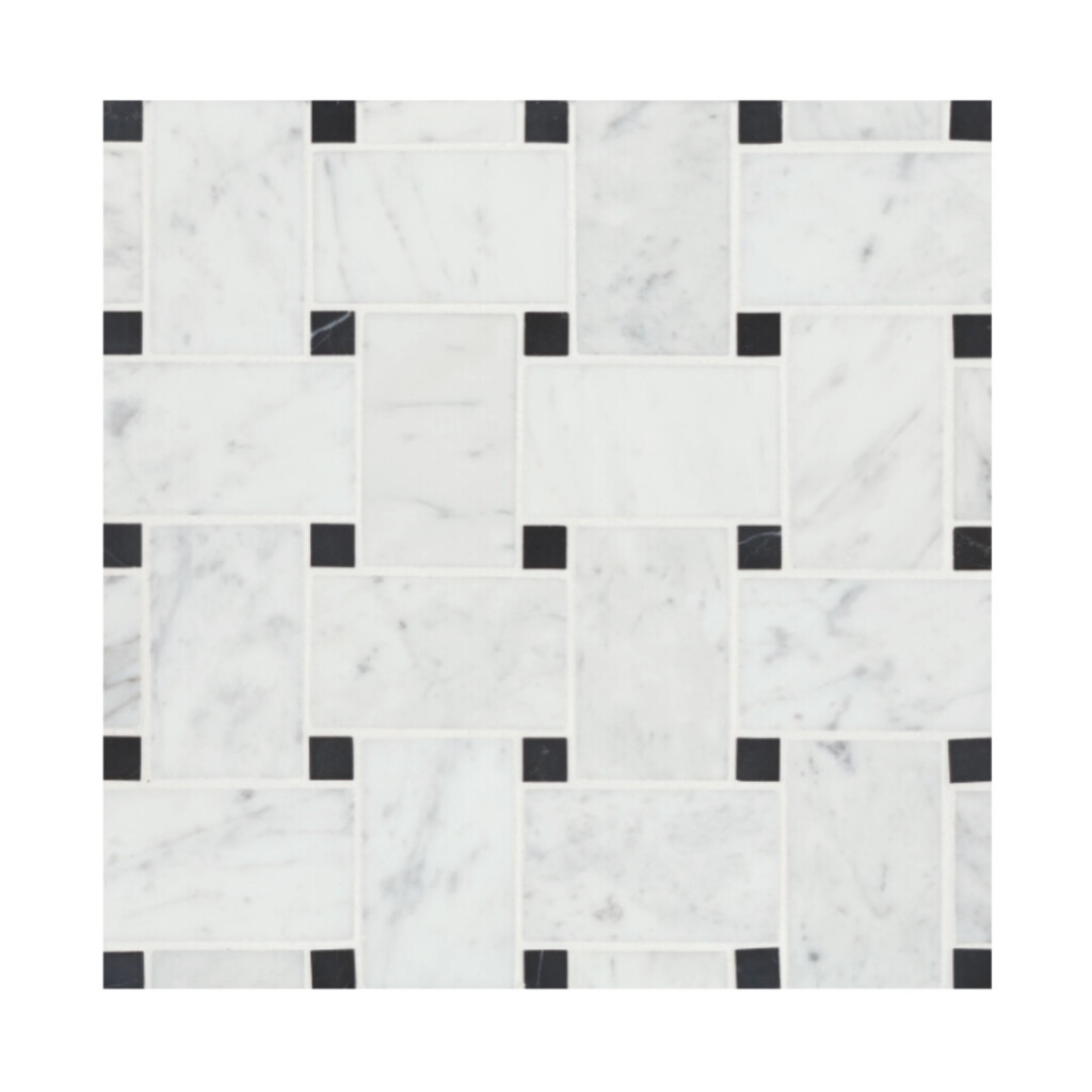 A close-up view of a Carrara marble basketweave tile pattern featuring rectangular white marble pieces with soft gray veining, accented by small black square dots at each corner intersection.