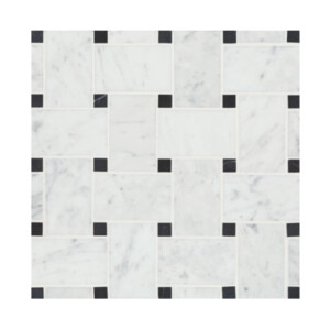 A close-up view of a Carrara marble basketweave tile pattern featuring rectangular white marble pieces with soft gray veining, accented by small black square dots at each corner intersection.