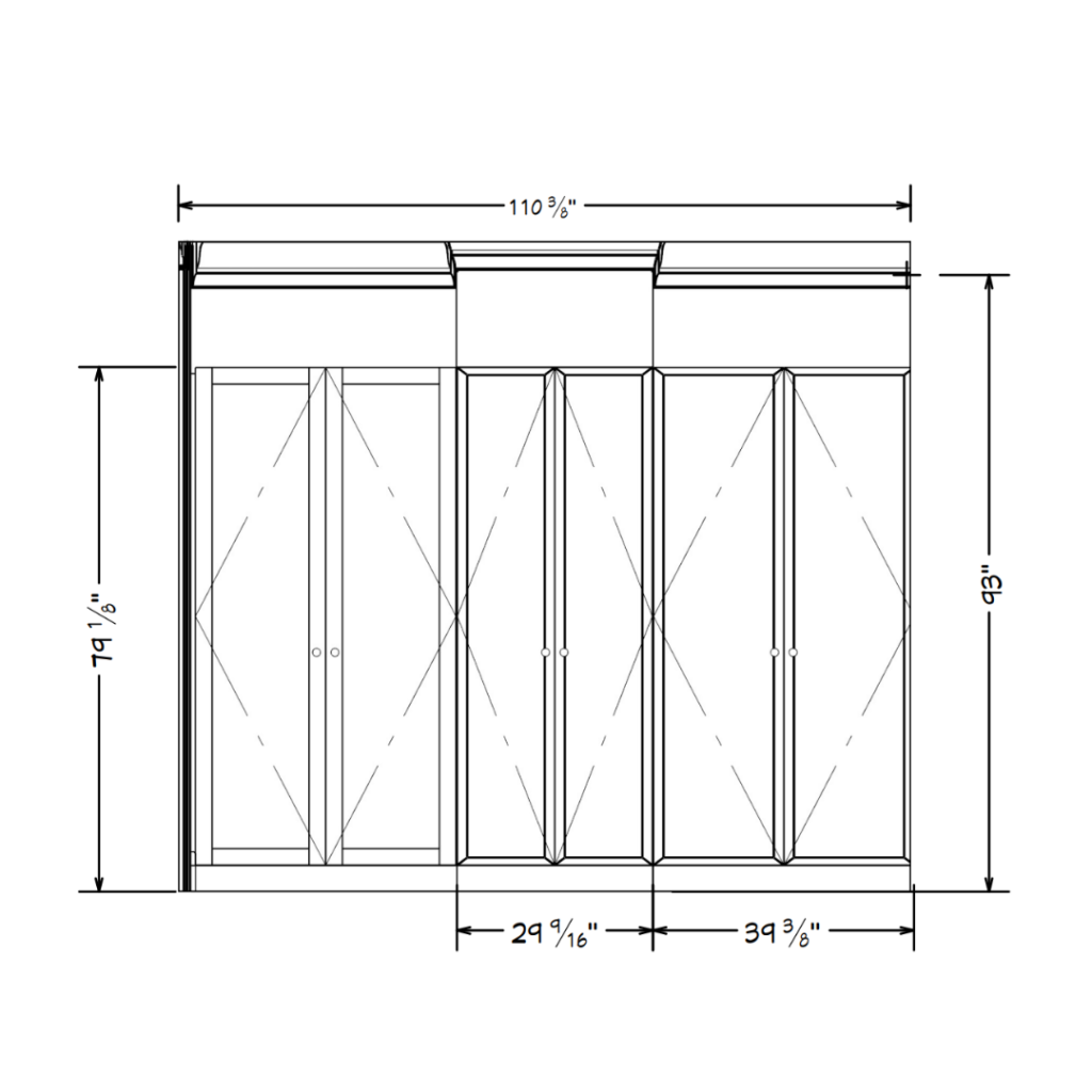 Front elevation drawing of a built-in cabinet system measuring 110 3/8 inches wide and 93 inches tall, with three sections of varying widths labeled 29 9/16 inches and 39 3/8 inches. Doors and trim details are shown with overall height and width dimensions.