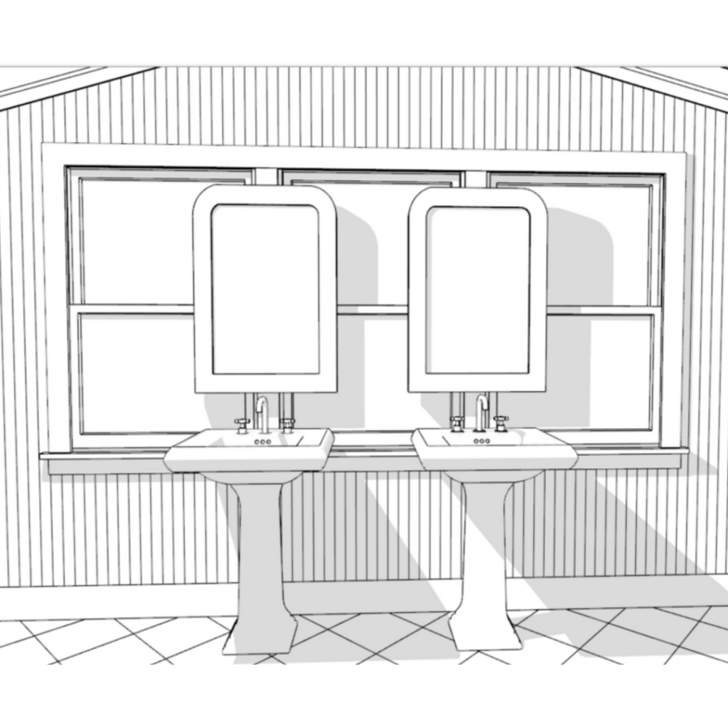 Black-and-white elevation drawing of a bathroom vanity wall with two pedestal sinks, two mirrors, and a long window set above beadboard paneling.