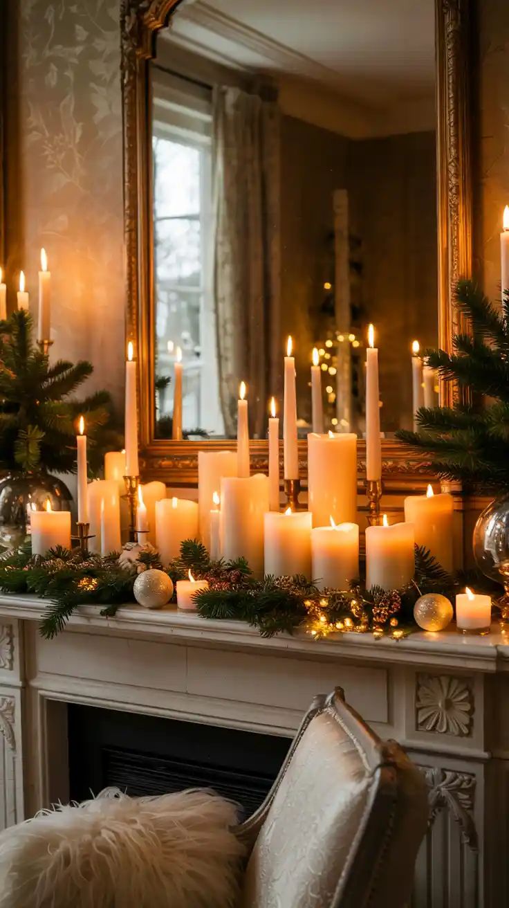 A mantel decorated for the holidays with a dense arrangement of pillar candles and taper candles in varying heights. Fresh evergreen garland and a few gold ornaments line the base. A large gold-framed mirror reflects the candlelight, and a silver vase with greenery sits on each end of the mantel. The room has soft, warm lighting and an upholstered chair sits in front of the fireplace.