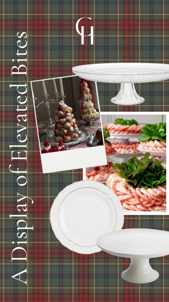 Holiday entertaining collage featuring plaid background, cake stands, shrimp tower display, and croquembouche inspiration with CH branding.