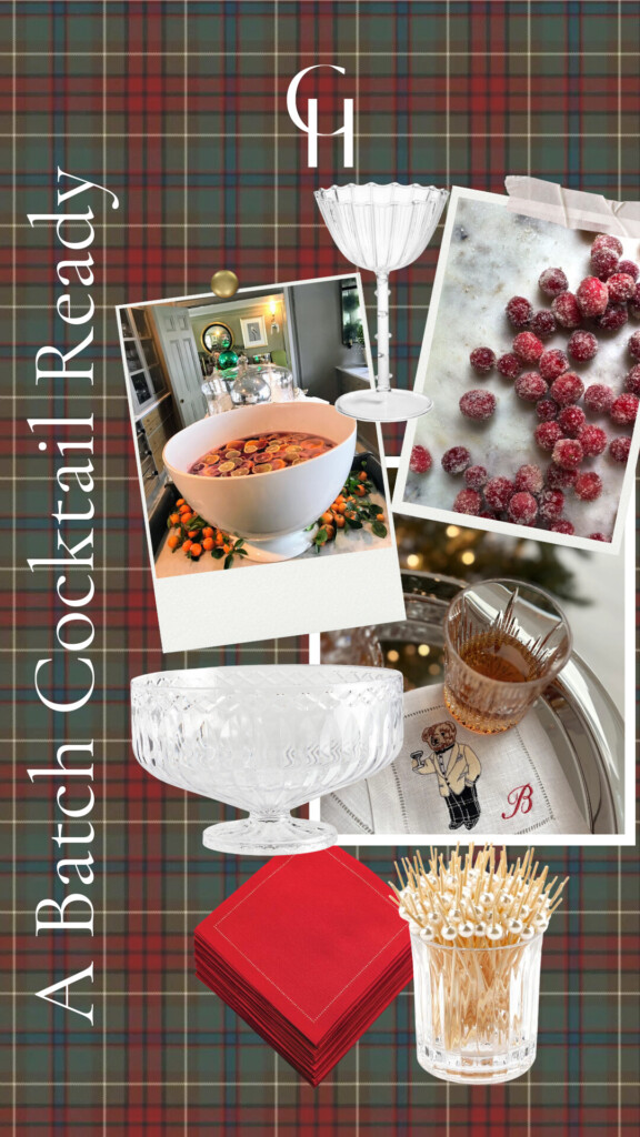 A festive collage titled “A Batch Cocktail Ready” set over a holiday plaid background, featuring a large white punch bowl filled with citrus-topped punch, coupe glasses, sugared cranberries, and a tray with a drink on a linen cocktail napkin embroidered with the Polo Bear. Also shown are a crystal punch bowl, red cocktail napkins, pearl cocktail picks in a glass holder, and various drinkware. The overall look is cozy, vintage-inspired, and perfect for holiday entertaining.