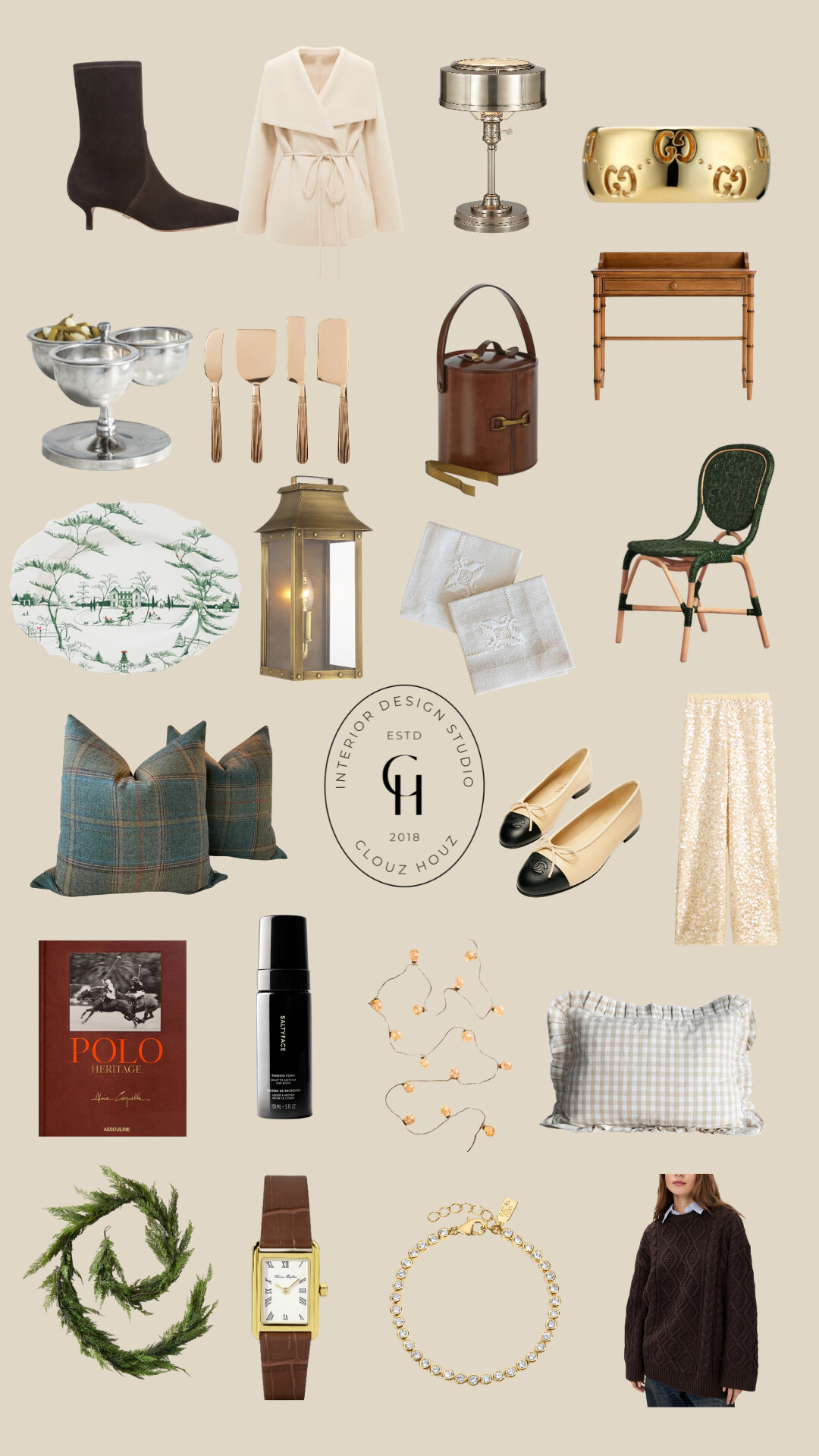 Collage of winter fashion and home decor items including chocolate brown suede kitten-heel ankle boots, a cream wrap coat with a wide shawl collar, a polished nickel vintage-style table lamp, a gold Gucci logo bangle, a silver three-bowl snack dish, a set of four gold-toned cheese knives, a brown leather ice bucket with brass horsebit detail, a small wooden writing desk, a green winter scene ceramic serving platter, a brass lantern wall sconce, two white embroidered linen napkins, a green woven bistro dining chair, a pair of blue-green plaid throw pillows, a Clouz Houz logo graphic, beige and black Chanel cap-toe ballet flats, gold sequin wide-leg pants, the Polo Heritage coffee table book, a black bottle of Saltyface tanning foam, warm gold faceted string lights, a beige gingham ruffle pillow sham, a faux cedar greenery wreath, a gold rectangular watch with a brown leather strap, a gold bezel-set crystal tennis bracelet, and a chunky dark brown cable-knit sweater.