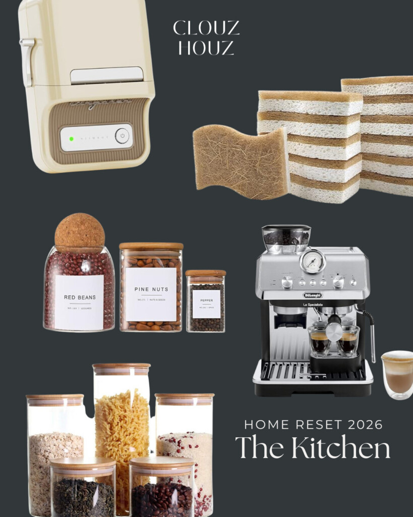 Clouz Houz Home Reset 2026 kitchen essentials featuring neutral dish sponges, glass pantry canisters with bamboo lids, a high-end espresso machine, and a compact paper towel holder for a calm, organized kitchen.