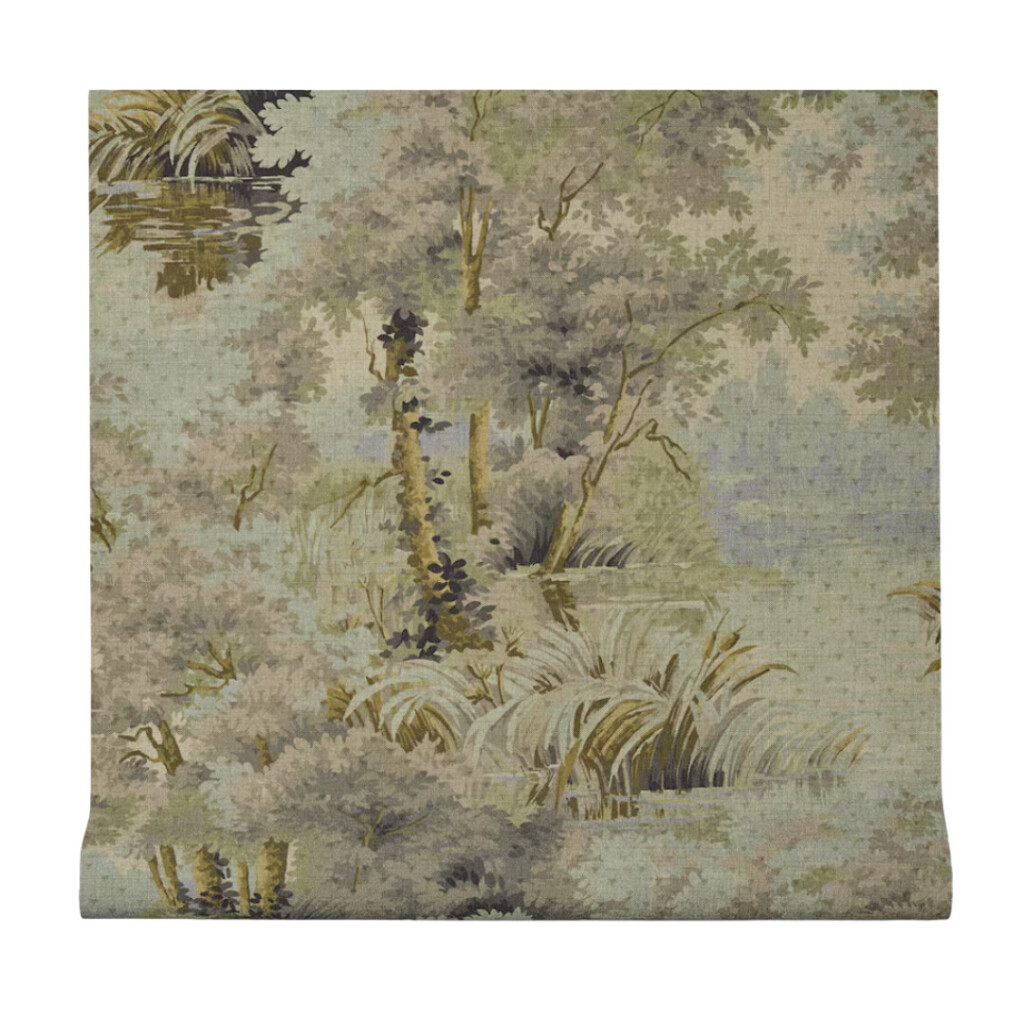 Scenic toile-style wallpaper or fabric panel depicting a soft pastoral landscape in muted greens, blues, and taupe tones.
