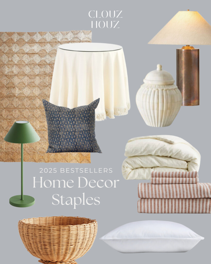 Curated home decor collage featuring a skirted round table, woven rattan basket, green rechargeable table lamp, ceramic lidded jar, copper table lamp, textured neutral rug, blue patterned throw pillow, linen bedding, striped sheets, and a plush white down pillow on a neutral checkered background.