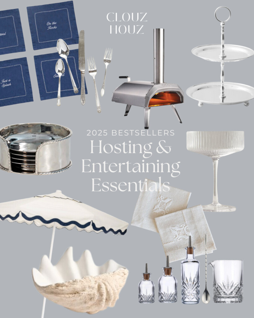 Entertaining essentials collage featuring silver flatware, ribbed coupe glasses, silver serveware, two-tier silver tray, embroidered cocktail napkins, white needlepoint napkins, oyster shell ice bucket, crystal bar tools, olive oil bottles, an Ooni pizza oven, and a striped patio umbrella on a botanical background.