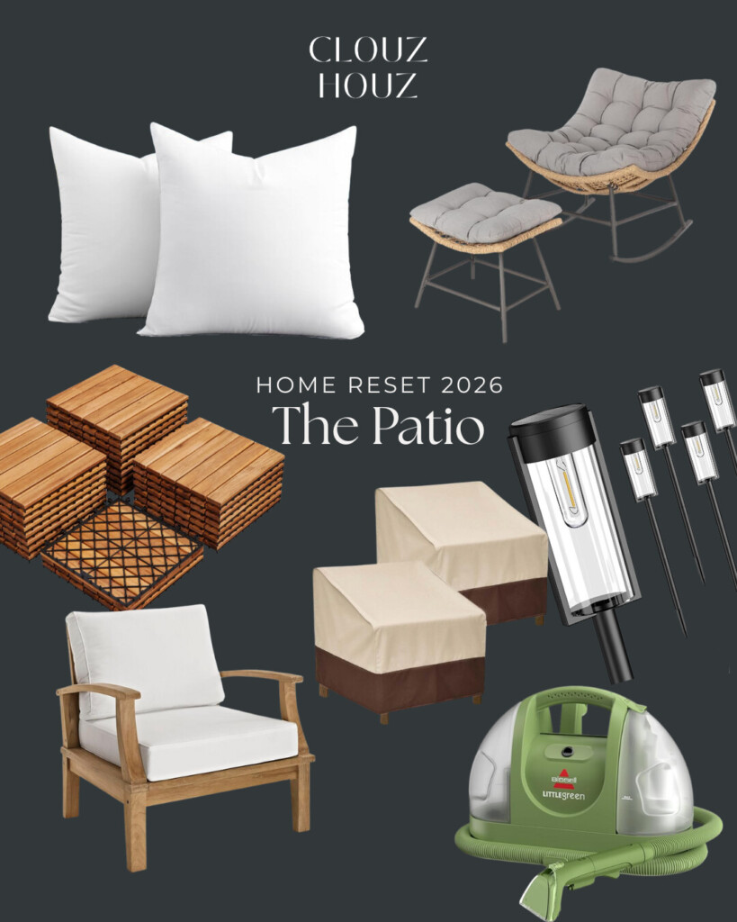 Clouz Houz Home Reset 2026 outdoor patio featuring teak lounge chairs, rocking chair with ottoman, waterproof pillow inserts, wood deck tiles, solar pathway lights, and outdoor furniture covers for spring-ready outdoor living.