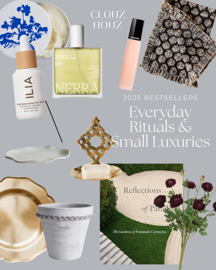 Lifestyle collage showcasing beauty and home accents including a skin tint bottle, botanical body oil, Chanel lip gloss, ceramic incense holder with incense stick, faux ranunculus flowers, brass soap dish, patterned kitchen towel, handmade white garden pot, decorative brass dish, and a coffee table book titled Reflections of Paradise.