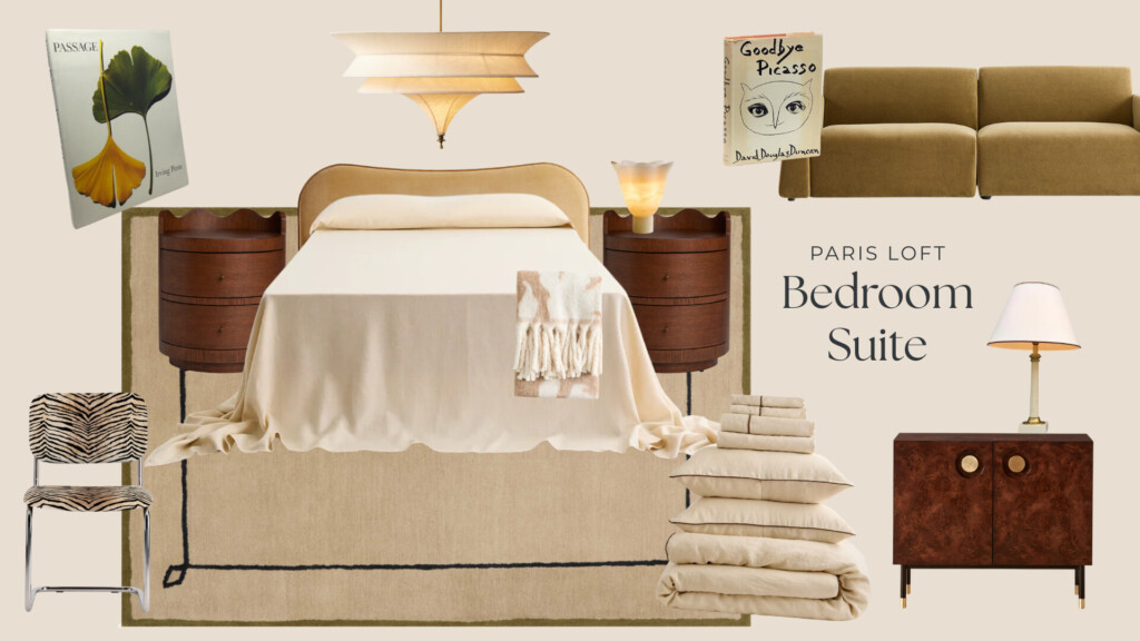 Paris Loft Bedroom Suite moodboard featuring an upholstered bed with cream bedding, curved wood nightstands, layered neutral textiles, sculptural pendant lighting, vintage-inspired furniture, and warm, moody accents in a collected Parisian style.