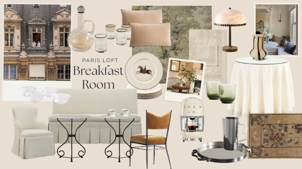 Paris Loft Breakfast Room moodboard with banquette seating, bistro tables, skirted chairs, vintage-inspired rug, draped tablecloth, glassware, ceramic plates, espresso machine, soft ambient lighting, and café-style Parisian details.